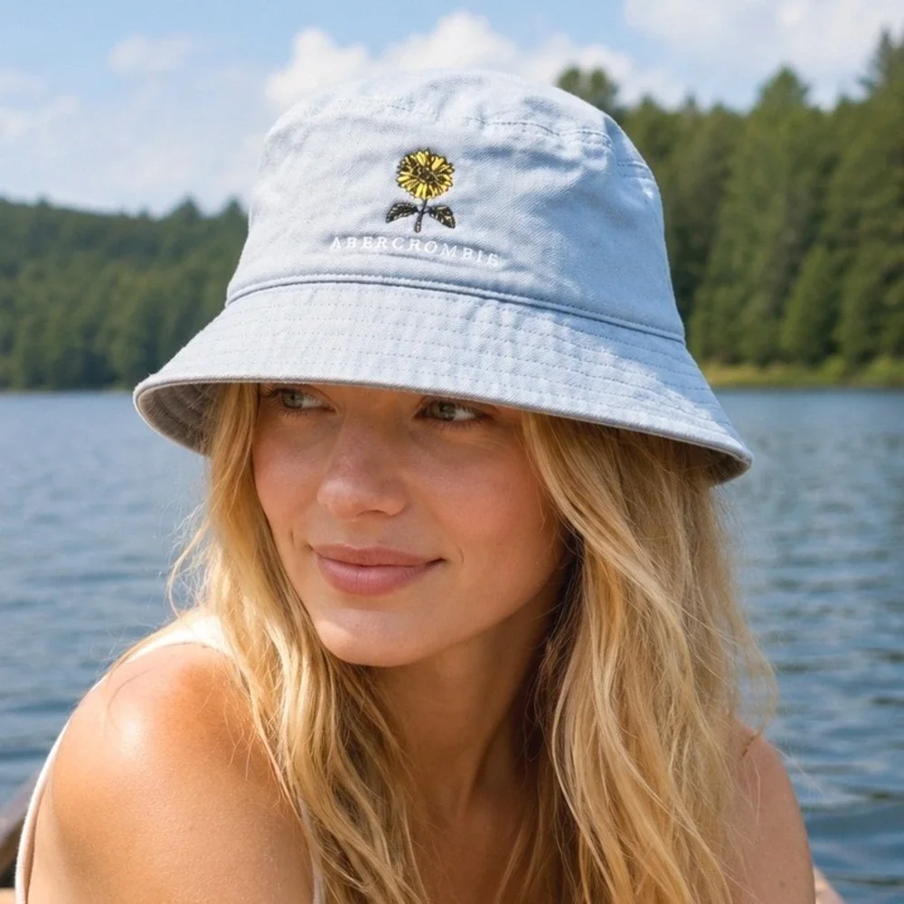 Abercrombie Bucket Hat Womens OS Light Blue Sunflower Embroidered Cotton